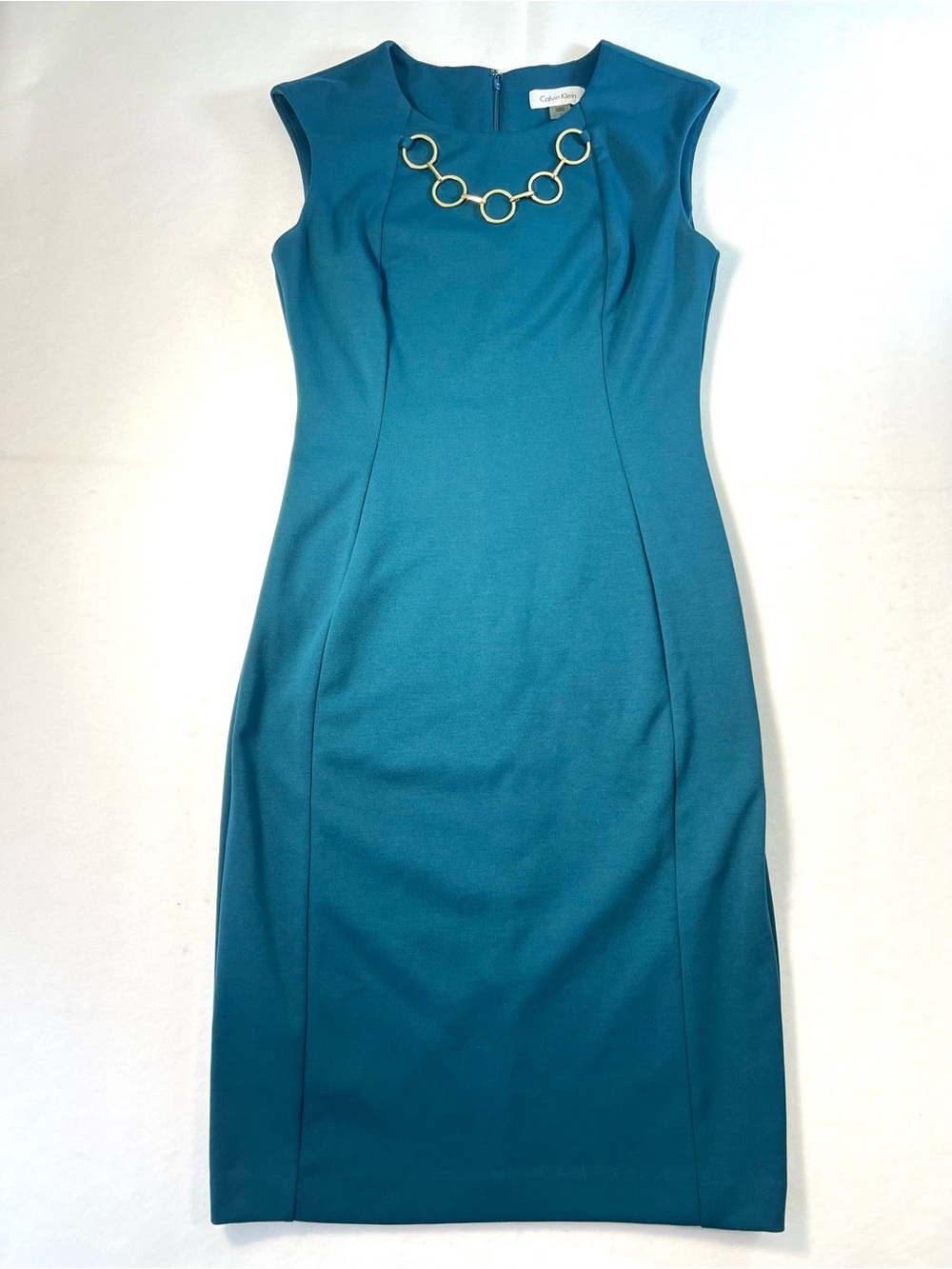 Calvin Klein Teal Sheath Sleeveless Midi Length Size 2 Gold Tone Necklace